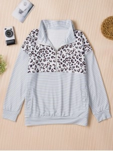 Casual leopard print patchwork striped sweatshirt