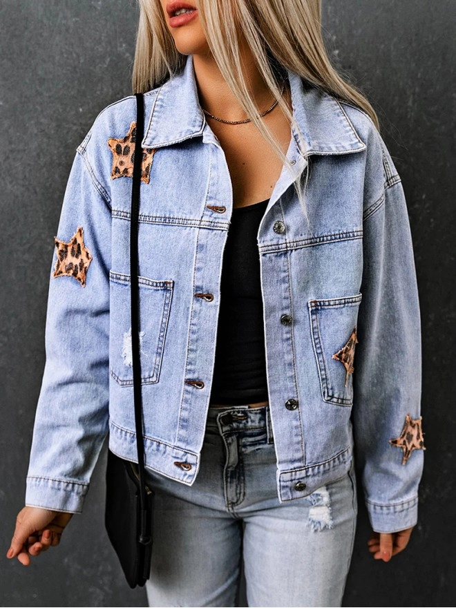 Casual leopard print star patchwork denim jacket