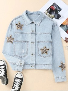 Casual leopard print star patchwork denim jacket