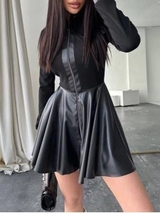 Casual long-sleeve leather panel dress