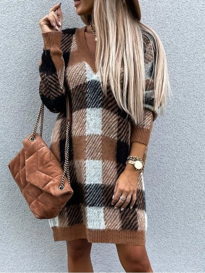 Casual loose contrast plaid dress