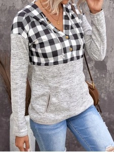 Casual plaid buttoned hooded sweatshirt