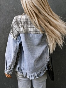 Casual plaid fringed denim jacket