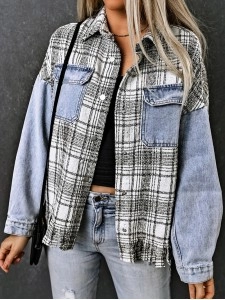 Casual plaid fringed denim jacket