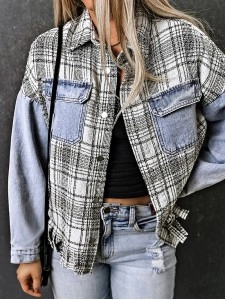 Casual plaid fringed denim jacket