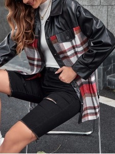 Casual plaid patchwork leather jacket