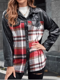 Casual plaid patchwork leather jacket