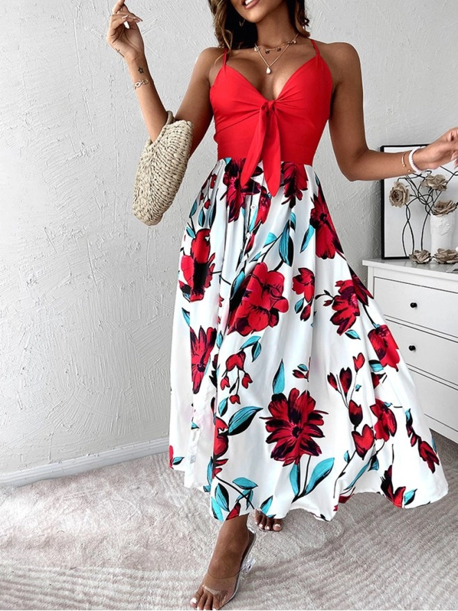 Casual printed patchwork suspender dress