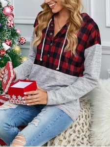 Casual red and black plaid hooded sweatshirt