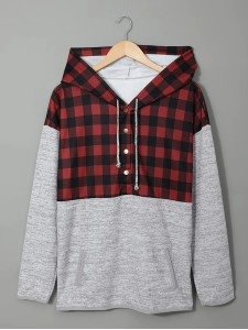 Casual red and black plaid hooded sweatshirt