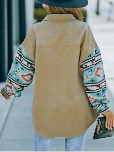 Casual retro printed patchwork corduroy jacket