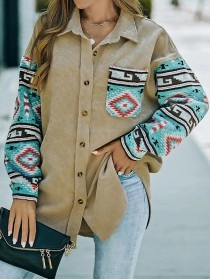 Casual retro printed patchwork corduroy jacket