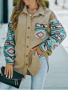 Casual retro printed patchwork corduroy jacket