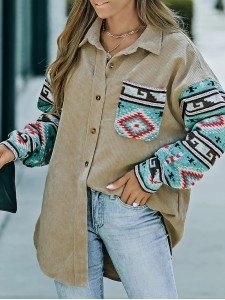 Casual retro printed patchwork corduroy jacket