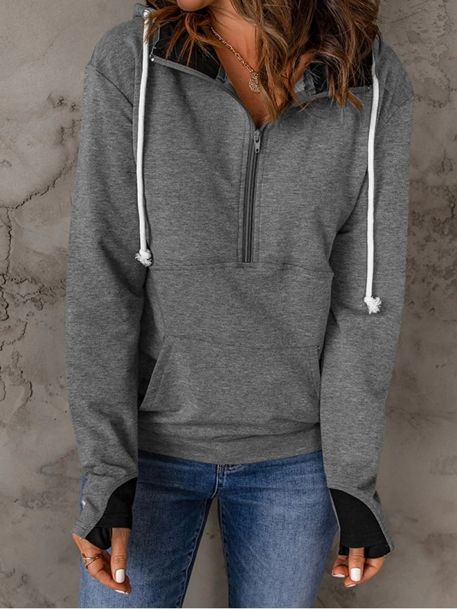 Casual solid color drawstring zipper sweatshirt