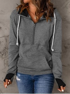 Casual solid color drawstring zipper sweatshirt