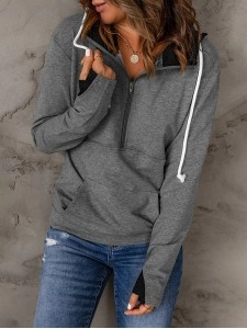 Casual solid color drawstring zipper sweatshirt