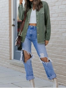 Casual solid color long sleeve denim jacket