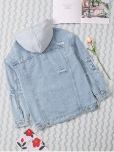 Casual solid color patchwork hooded denim jacket