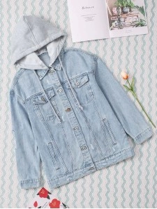 Casual solid color patchwork hooded denim jacket