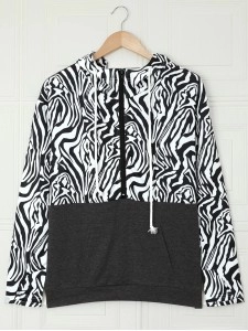 Casual zebra print patchwork zipper sweatshirt