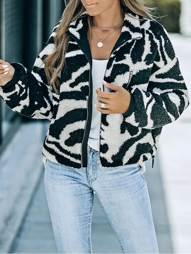 Casual zebra print sherpa jacket