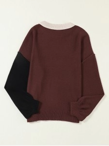 Coffee Colorblock Bishop Sleeve Ribbed Trim Sweater