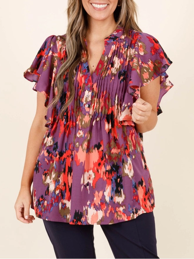 Contrast pattern ruffled short sleeved shirt