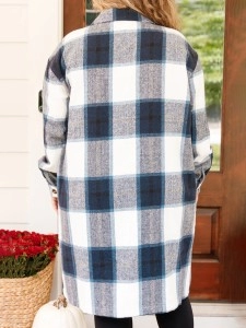 Contrast plaid button mid length jacket