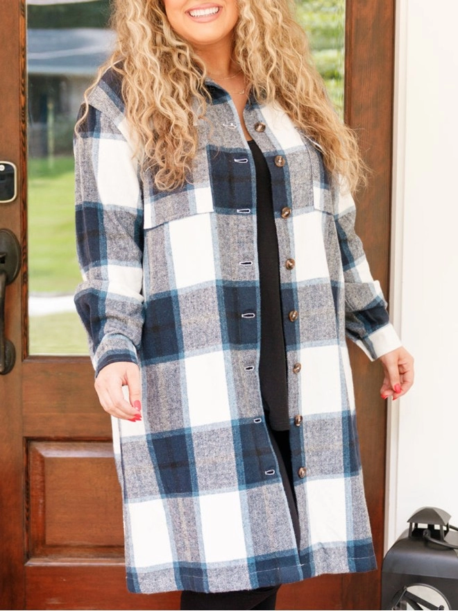 Contrast plaid button mid length jacket