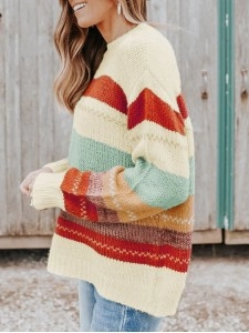 Crew Neck Drop-shoulder Striped Color Block Sweater