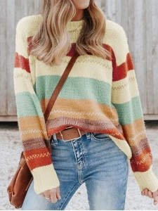 Crew Neck Drop-shoulder Striped Color Block Sweater