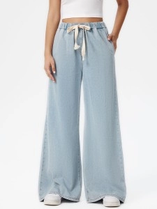 Denim High Waist Solid Tie Front Wide Leg