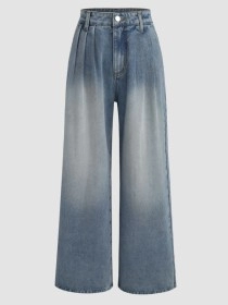 Denim Pleated Straight Leg Jeans