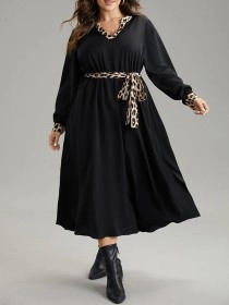 Elegant senior waist waist leopard belt dress MIDI