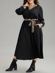 Elegant senior waist waist leopard belt dress MIDI