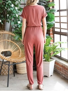 Fashionable solid color round neck casual jumpsuit