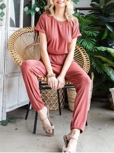 Fashionable solid color round neck casual jumpsuit