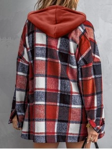 Fiery Red Hooded Plaid Button Front Shacket