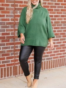 Flare sleeved high neck loose knit sweater