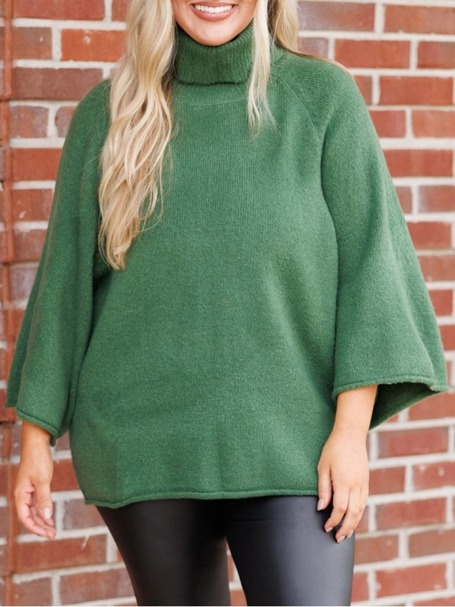 Flare sleeved high neck loose knit sweater