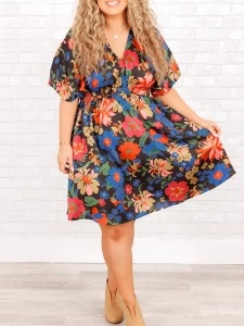 Floral Pattern Back Lace Up Waist Dress