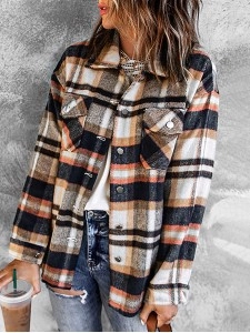 Geometric Plaid Print Pocketed Shacket