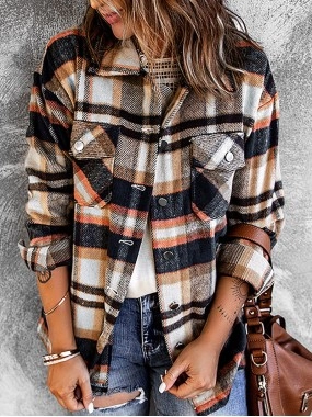 Geometric Plaid Print Pocketed Shacket