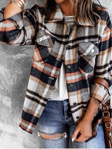 Geometric Plaid Print Pocketed Shacket