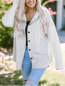 Gray Button Up Contrast Knitted Sleeves Hooded Jacket