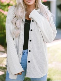 Gray Button Up Contrast Knitted Sleeves Hooded Jacket