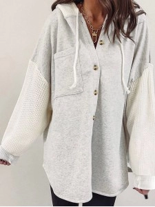 Gray Button Up Contrast Knitted Sleeves Hooded Jacket