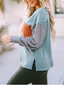 Green Colorblock Striped Bishop Sleeve Top