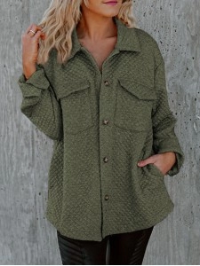 Green Retro Quilted Flap Pocket Button Shacket